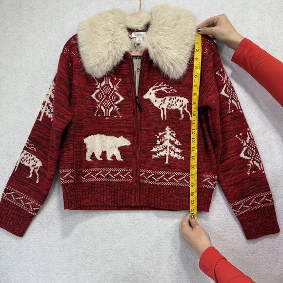 Sundance Sweater Womens Small Red Zip Cardigan Faux Fur Collar Wool Blend Nordic - Picture 2 of 9